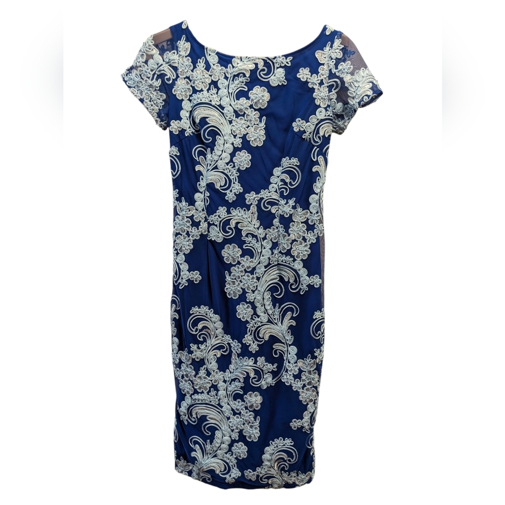 JS Collections Blue & White Embroidered Sheath Midi Dress- Size 4